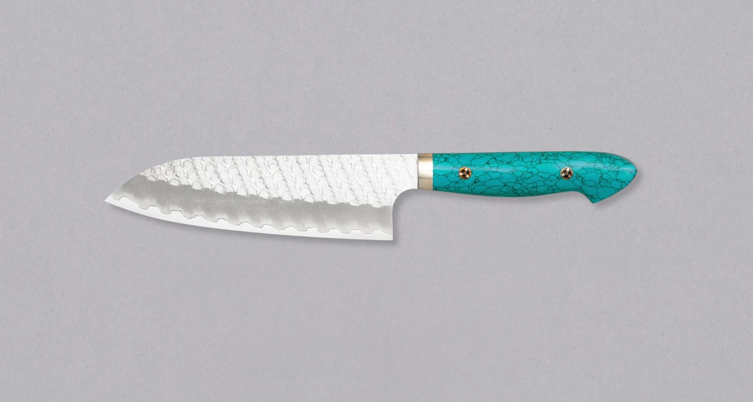 Nigara Santoku SG2 Migaki Tsuchime Green-Turquoise 180mm (7.1") 2 Nigara Santoku SG2 Migaki Tsuchime Green-Turquoise 180mm (7.1") - Image 2