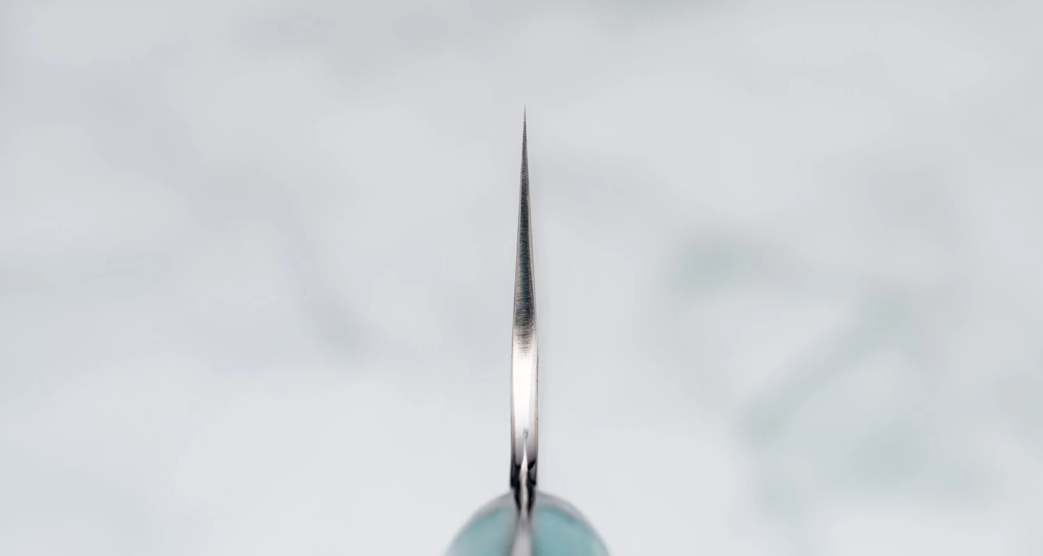 Nigara Santoku SG2 Migaki Tsuchime Green-Turquoise 180mm (7.1") 3 Nigara Santoku SG2 Migaki Tsuchime Green-Turquoise 180mm (7.1") - Image 3